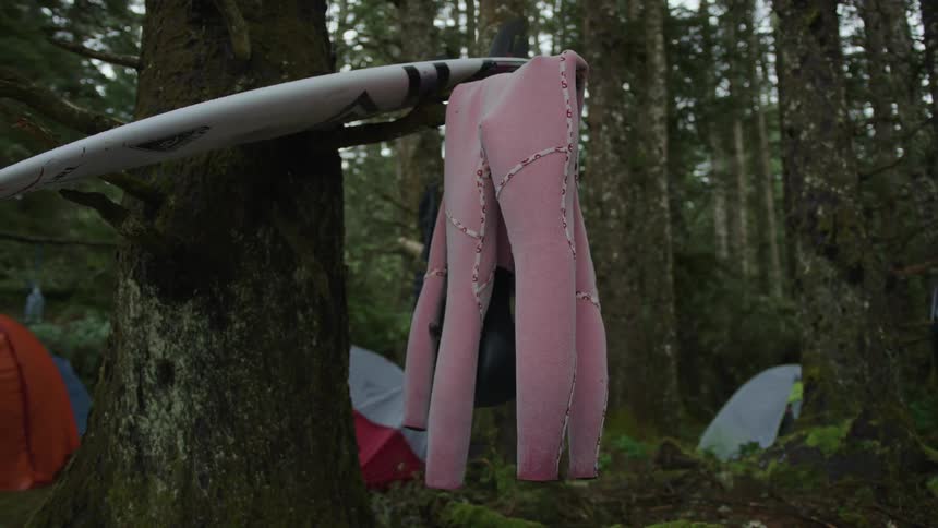 In a forest on an overcast day an insideout wetsuit hangs dry on a tree branch alongside a surfboard and a row of colorful singleperson tents populate the background