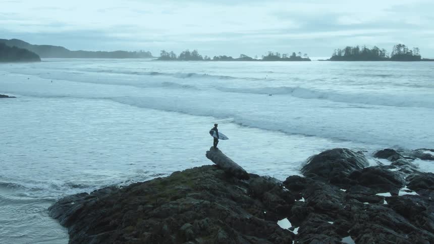 A man has surfboard under his arm while standing on a fallen log over the ocean