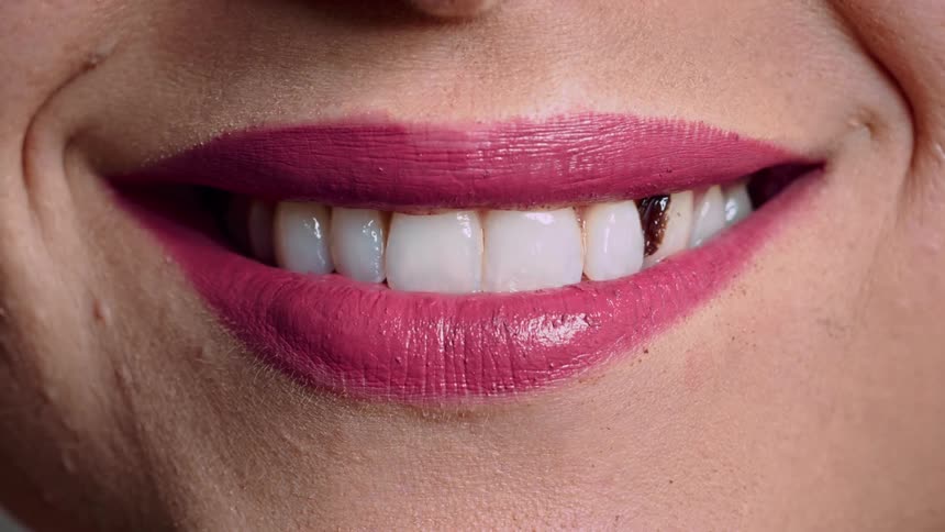 A woman with lipstick smiling with something stuck between her teeth