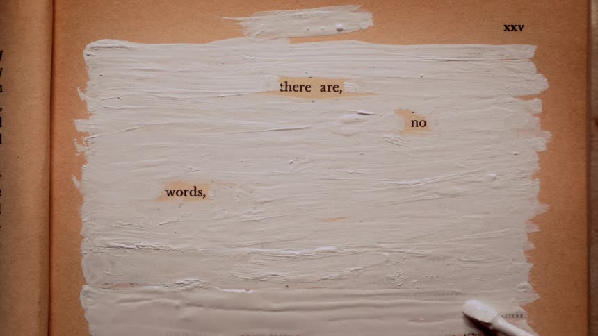 A page of text in a book has most of the words whited out by someone using a brush