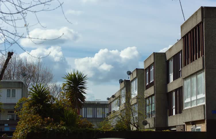 Facade of small buildings in a town at daytime