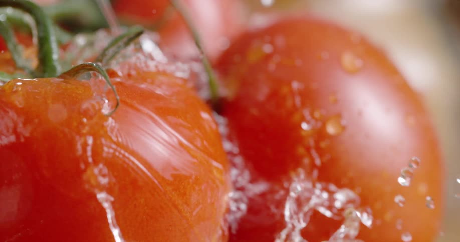 Water droplets on tomatoes and splashing on a tomato