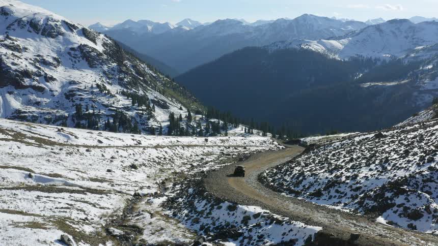A wide shot of a dirt road in a mountain