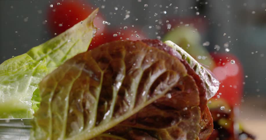 Droplets of water fly off of a head of lettuce as a knife comes down and cuts it in half