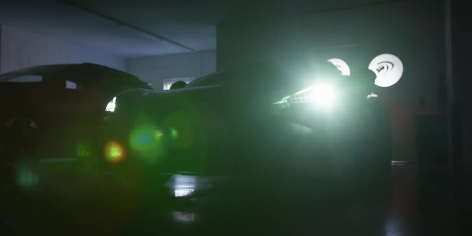 Sports car parked in a garage