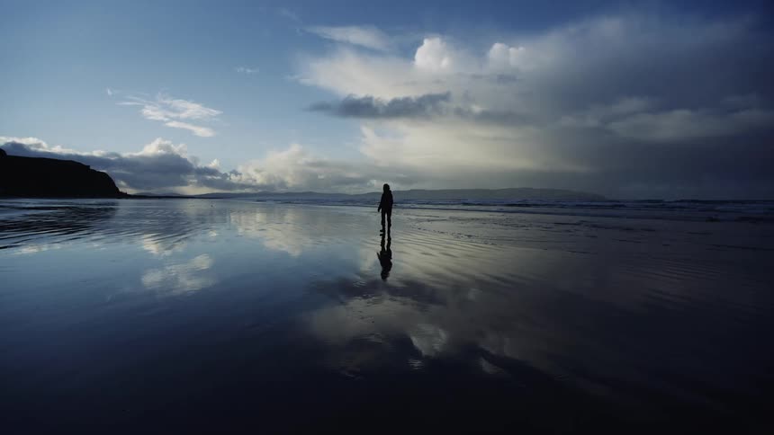 Silhouette of a person walking on the wet sand next to the ocean at sunset