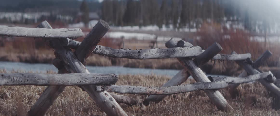 Wooden fence standing on a field near a river