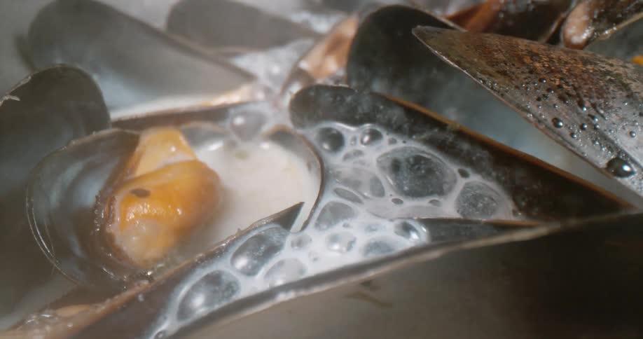 Close up of mussels cooking