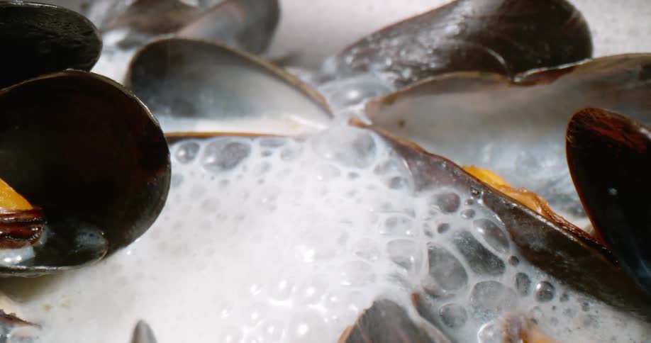 Mussels cooking inside a hot pan