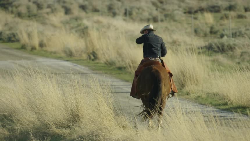 Dynamic parallax shot revealing a lone cowboy on a dirt road riding his brown horse out to pasture