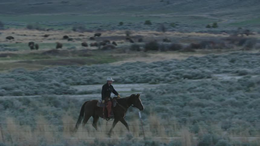Dynamic parallax shot of a cowboy riding a brown horse in at a bison ranch in rural Montana