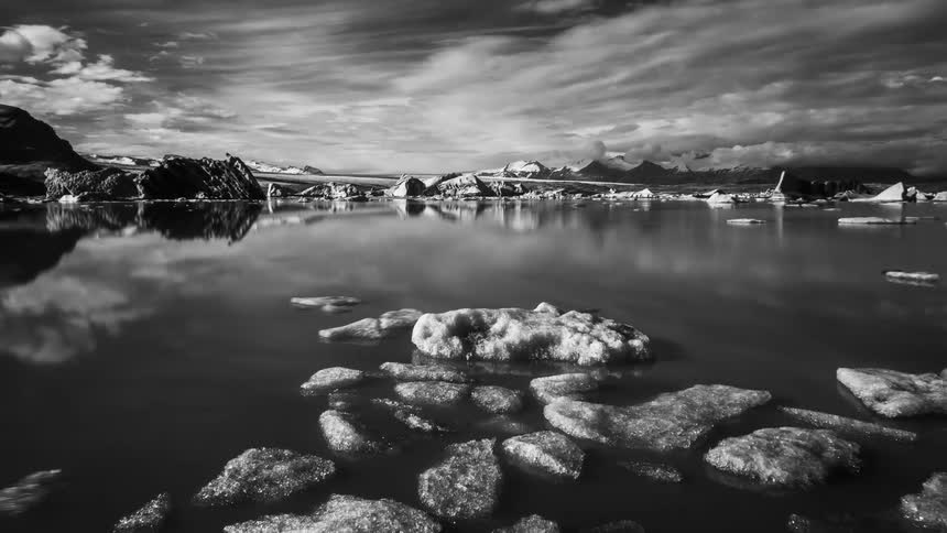 Large chunks of ice floating in the water