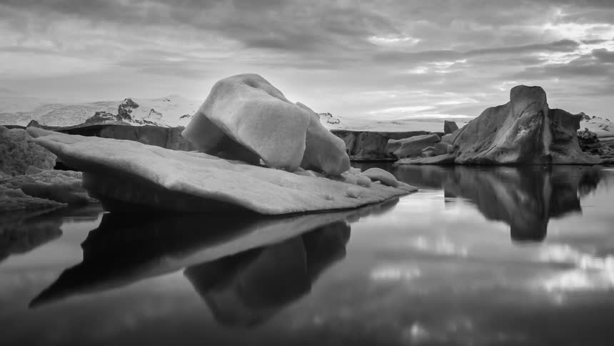 Time lapse of icebergs and large chunks of ice in the water
