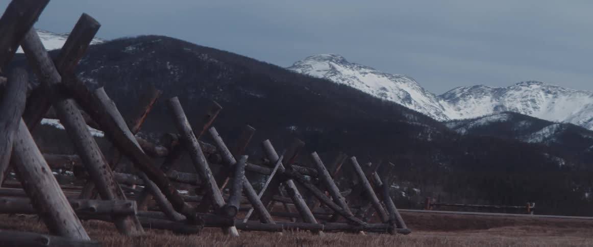 Barrier of crisscrossed logs stand on field across from mountains under cloudy sky