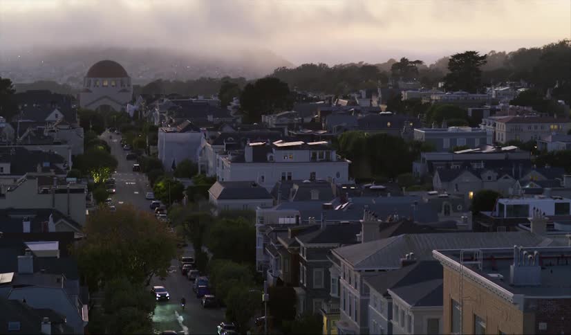 A reveal shot of a city