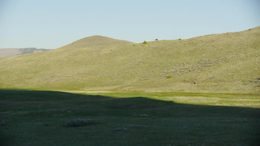 A very big landscape with a small horse and cowboy riding on a ridge in the perfect establishing shot of a rural ranch deep in Montana