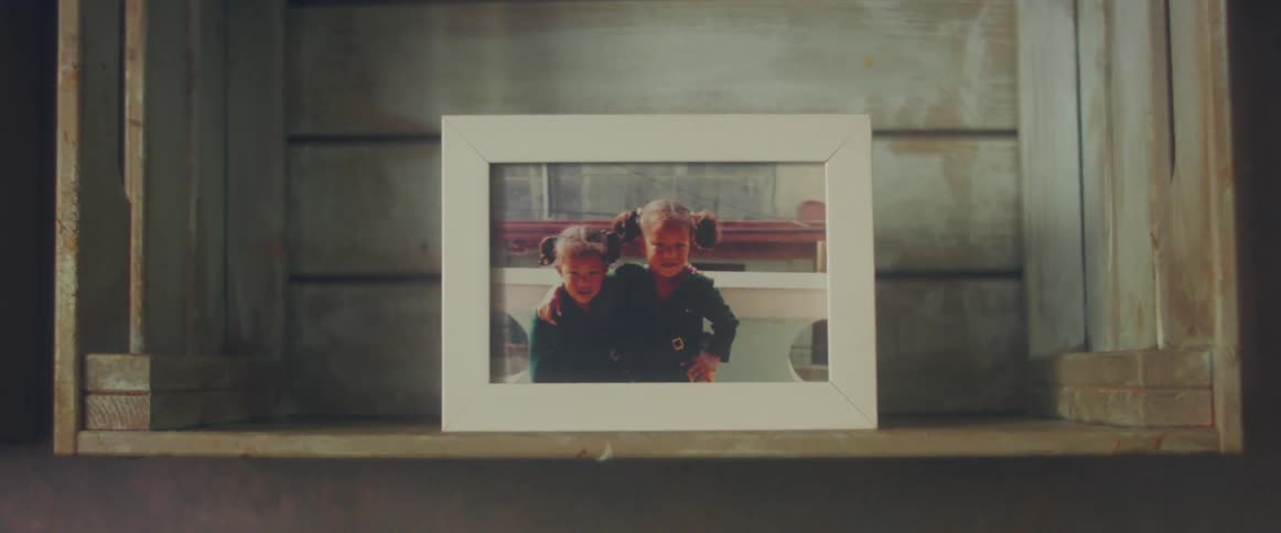 Picture of two young girls hugging sits on wooden shelf
