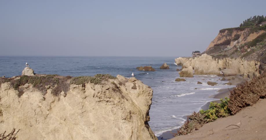 Waves crash against the beach as birds watch