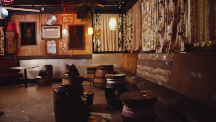 Disco ball spinning inside a rustic bar or tabern