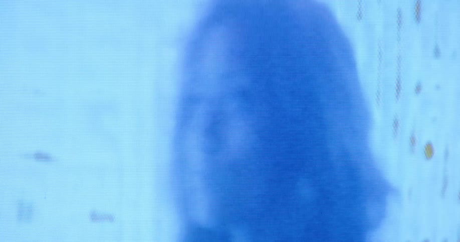 The head of a woman is seen before a screen full of distorted images and graphics