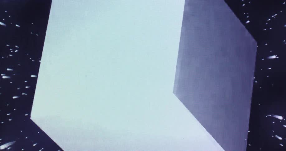 A white digital cube rotating and flying through space