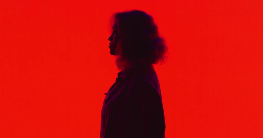 A silhouette of a woman standing in a room with a wall in the background