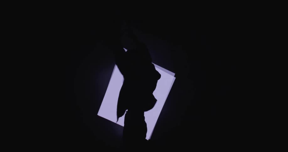 Silhouette of a female dancer performing in front of a spinning cube