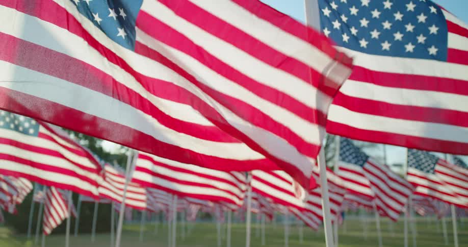 American flags blowing in the wind in a rural area