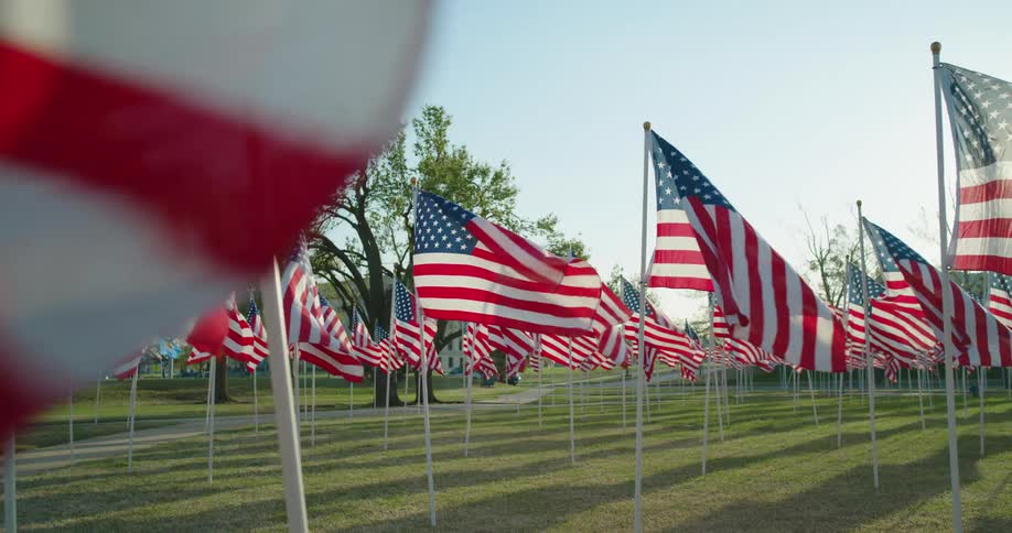 A grassy field with American flags waving in the wind with vehicles trees the sky and clouds in the background