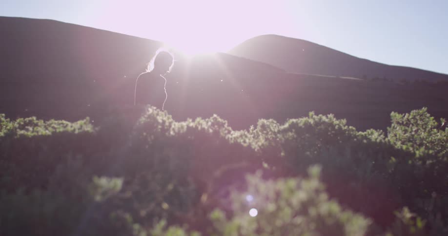 A woman walking through a mountain field on a sunny day