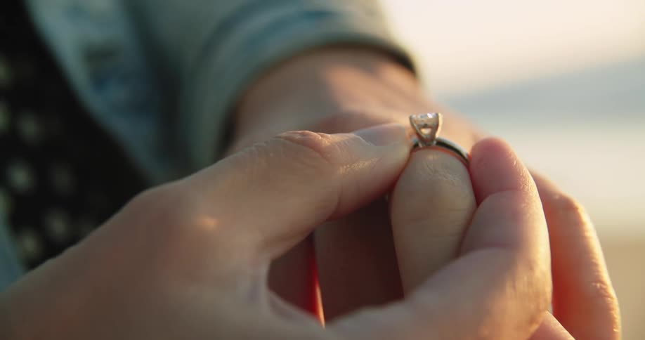 A person looking at a ring on their finger with the sky and clouds in the background