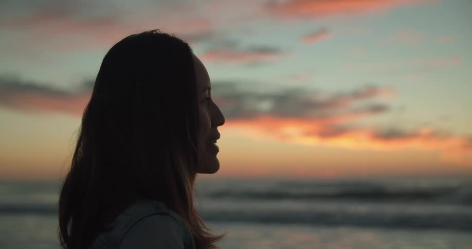 A woman is looking out over the ocean at sunset