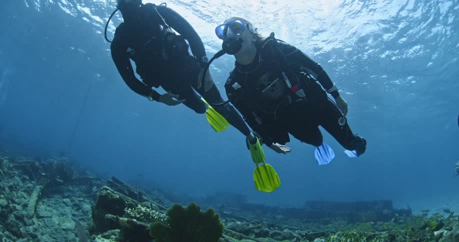 Two divers are swimming near a wreck on the ocean's floor