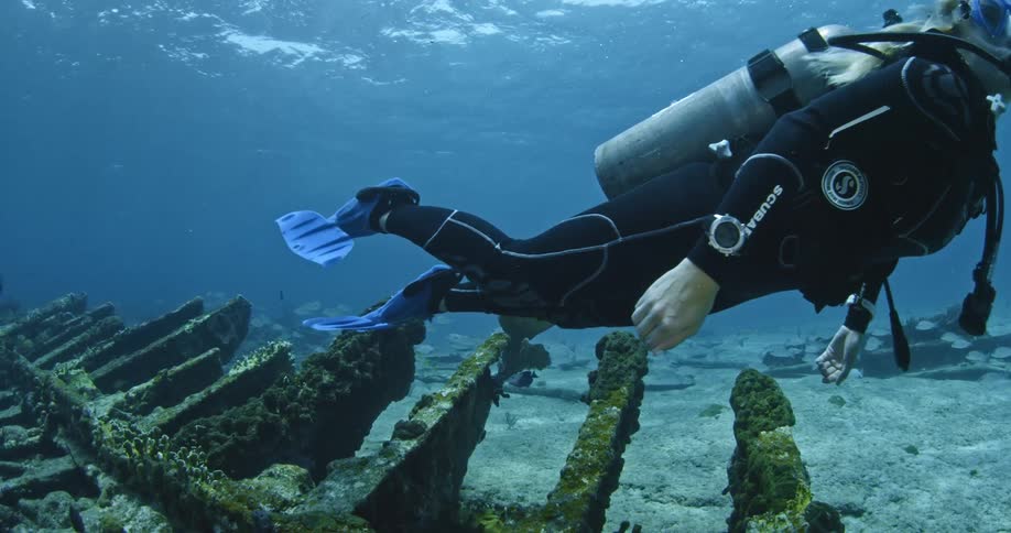 A scuba diver swims at the bottom of the ocean