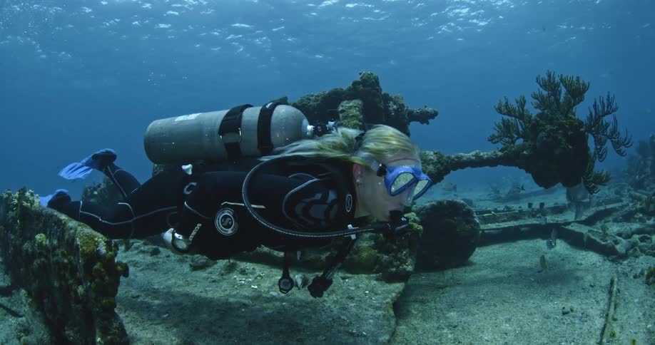 A scuba diver swims at the bottom of the ocean