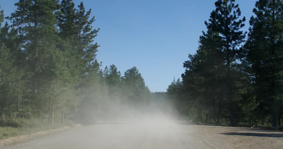 Dust is flying on a dirt road