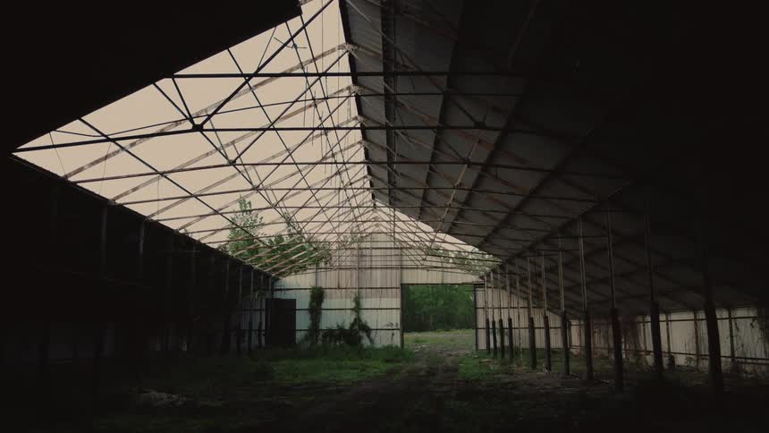 An abandoned barn with sections missing on the roof with trees the sky and clouds in the background