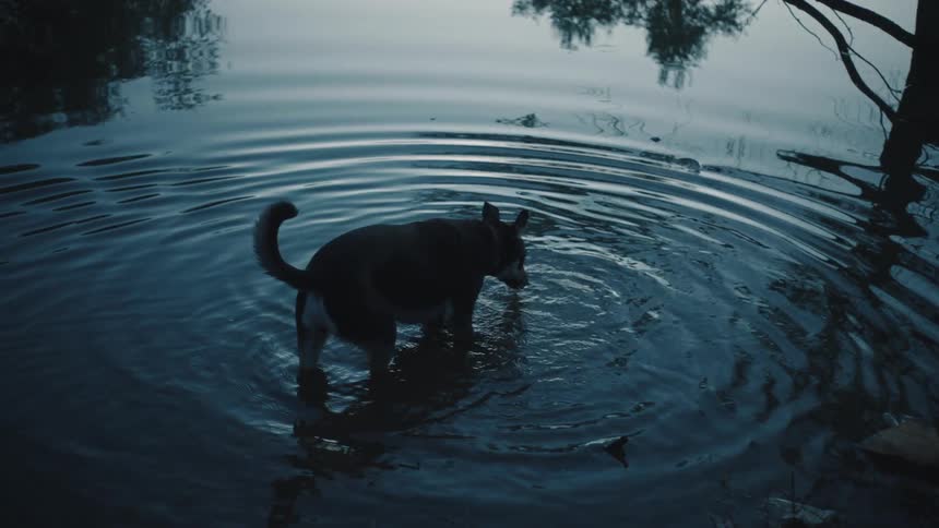 A dog drinks from the water of a lake with water ripples coming out from the area