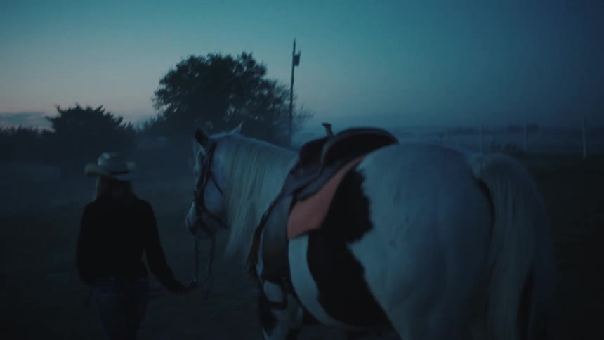 Woman wearing a cowboy hat leads a horse to a stable at sunset