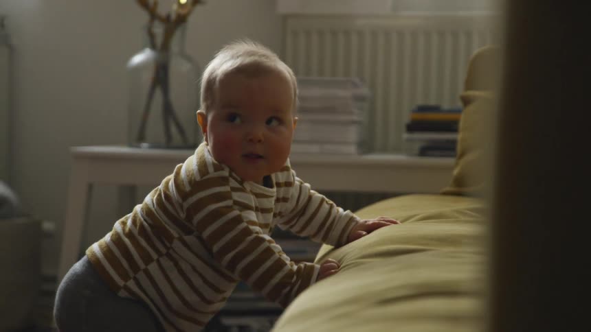 A chubby baby holds stands by holding itself up by holding onto the couch cushions