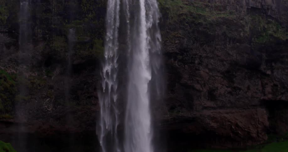 A bird flies past a waterfall