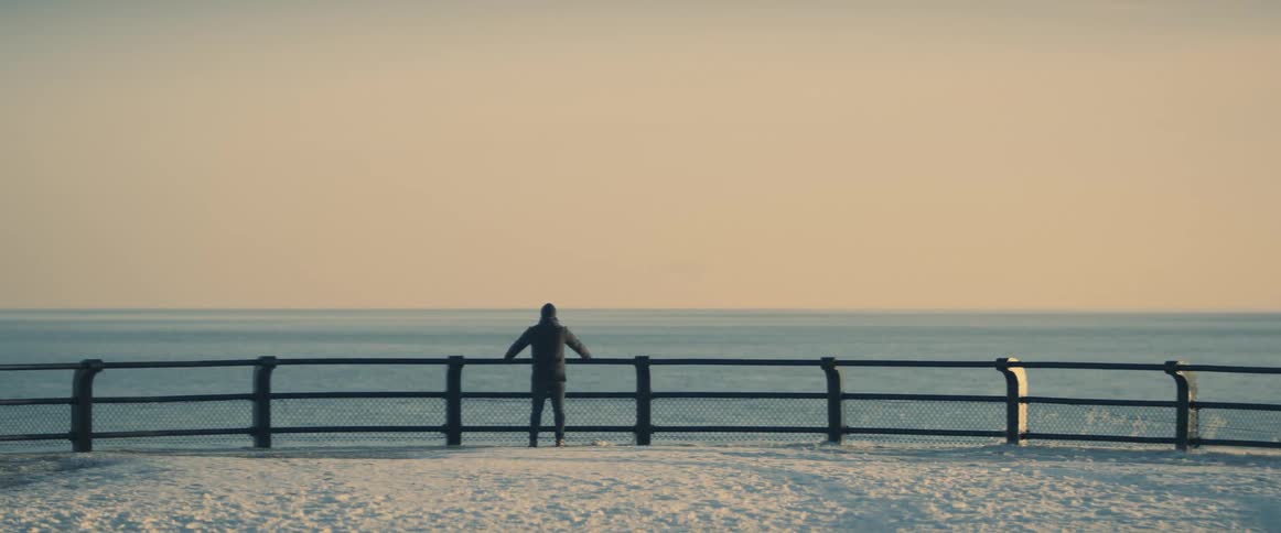 A person stands with hands on a guard rail looking out at the ocean