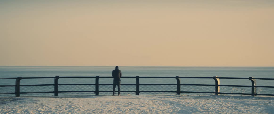 Person wearing hoodie stands at rail on beach looking out to sea