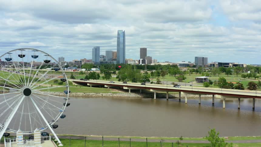 Aerial shot of a city skyline with a ferris wheel and a river in sight and tall buildings at a distance