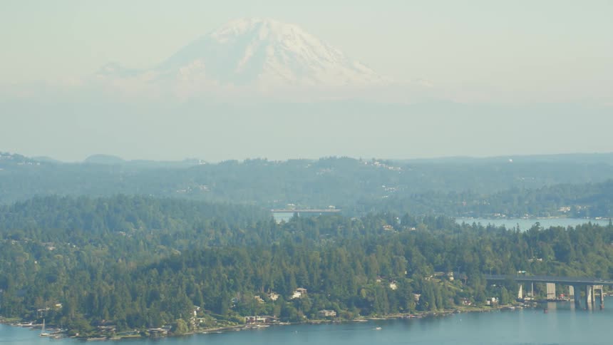 Small coastal town in the pine tree forests near the snow covered mountain on the horizon