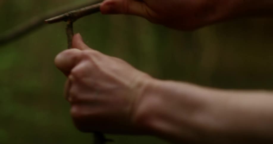 Man breaking a twig with his bare hands on a forest