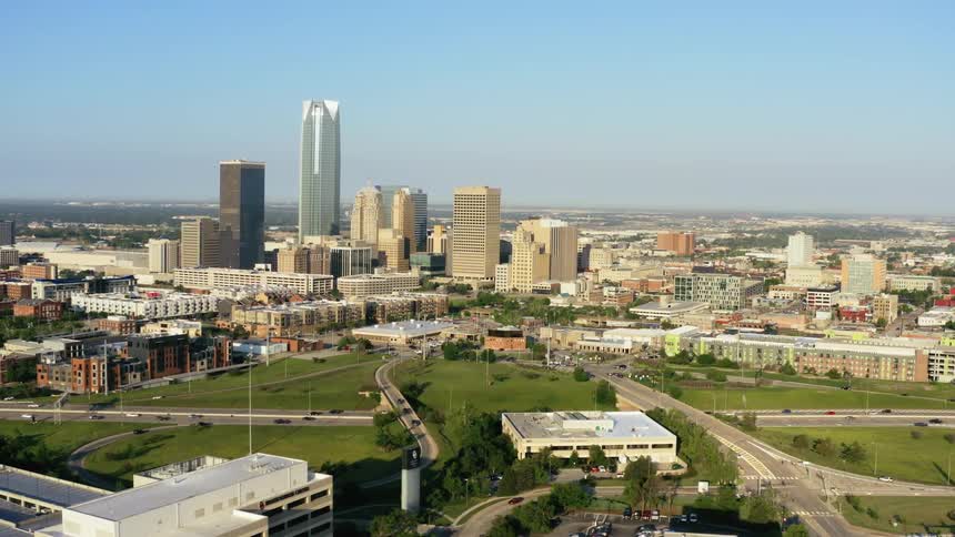 The freeway runs in front of the city