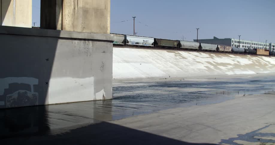 Birds landing in shallow water flowing through a culvert located next to train tracks
