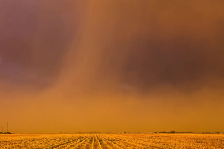A landscape with a grassy plain with the sky and clouds in the background