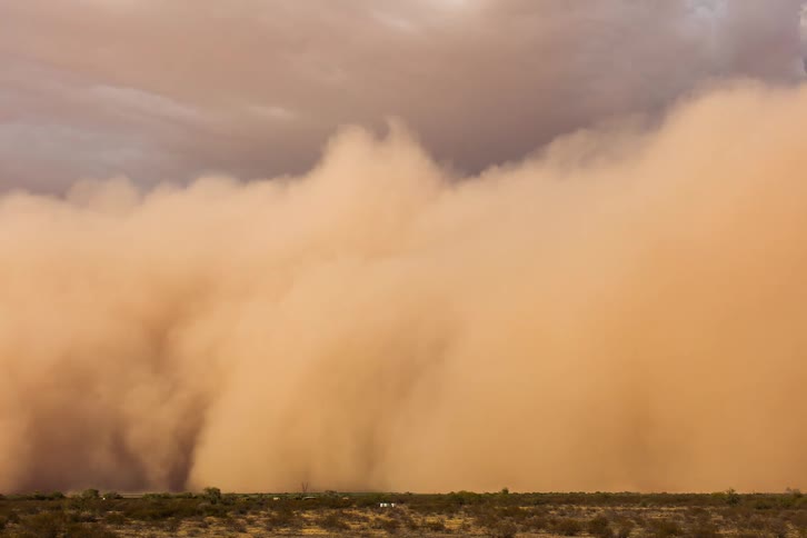A landscape with a grassy plain and dust blowing with the sky and clouds in the background